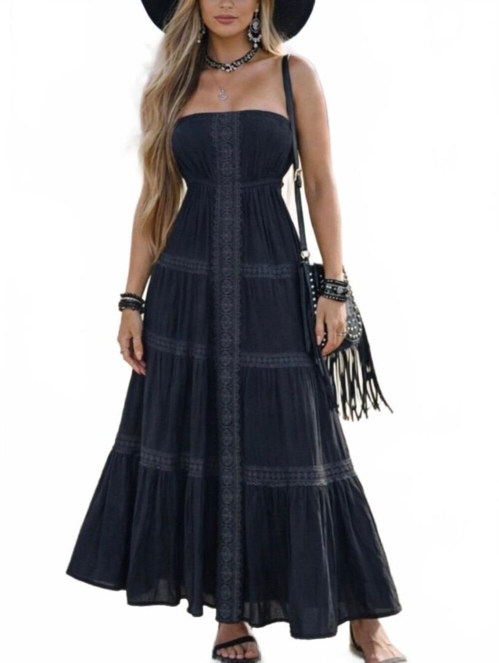 Justify Strapless Maxi Dress XL Black Tiered Lace NWT Western Boho Whimsigoth